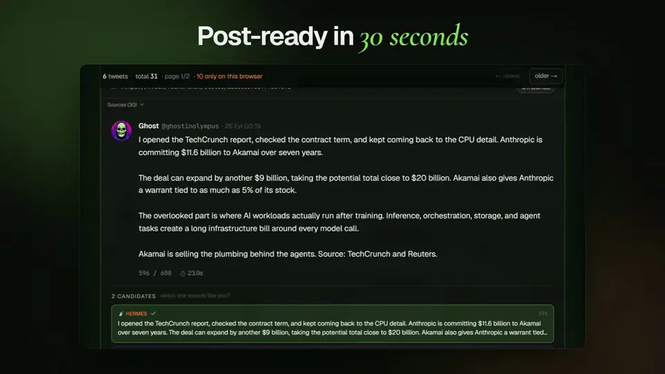 xVirals demo: a generated tweet and its alternative candidates in the editor