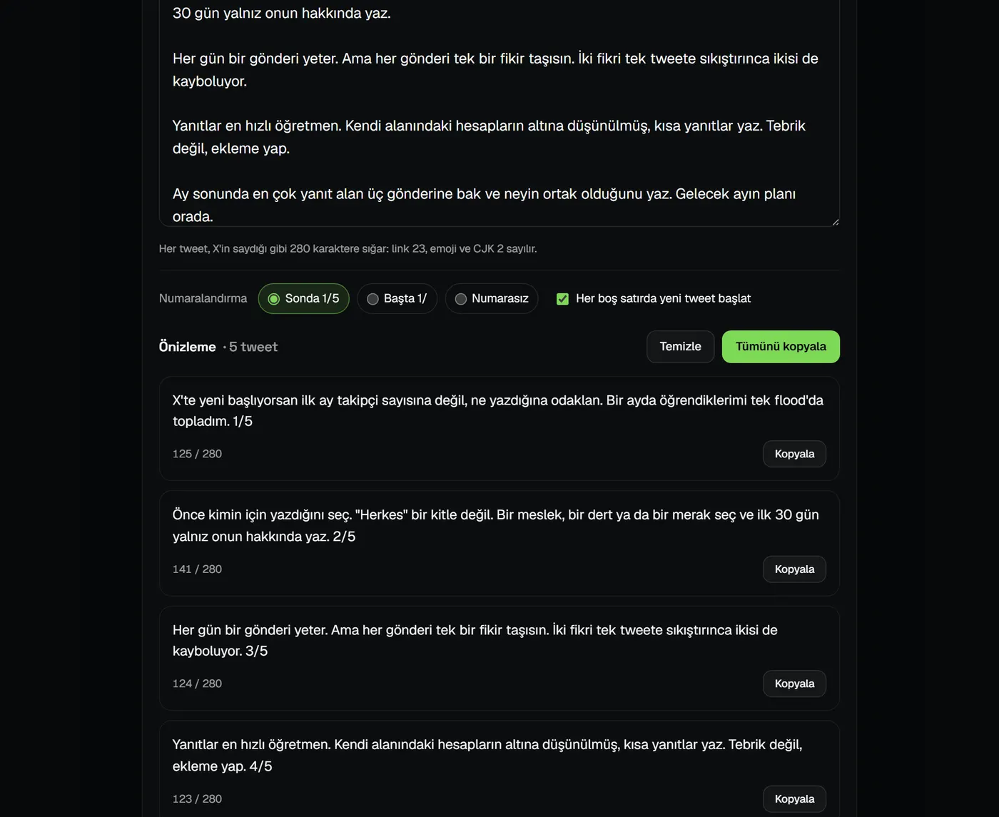 xVirals flood oluşturucu: beş paragraflık metin, her biri 280 karakter içinde kalan beş numaralı tweete bölünmüş, her tweetin karakter sayısı görünüyor.