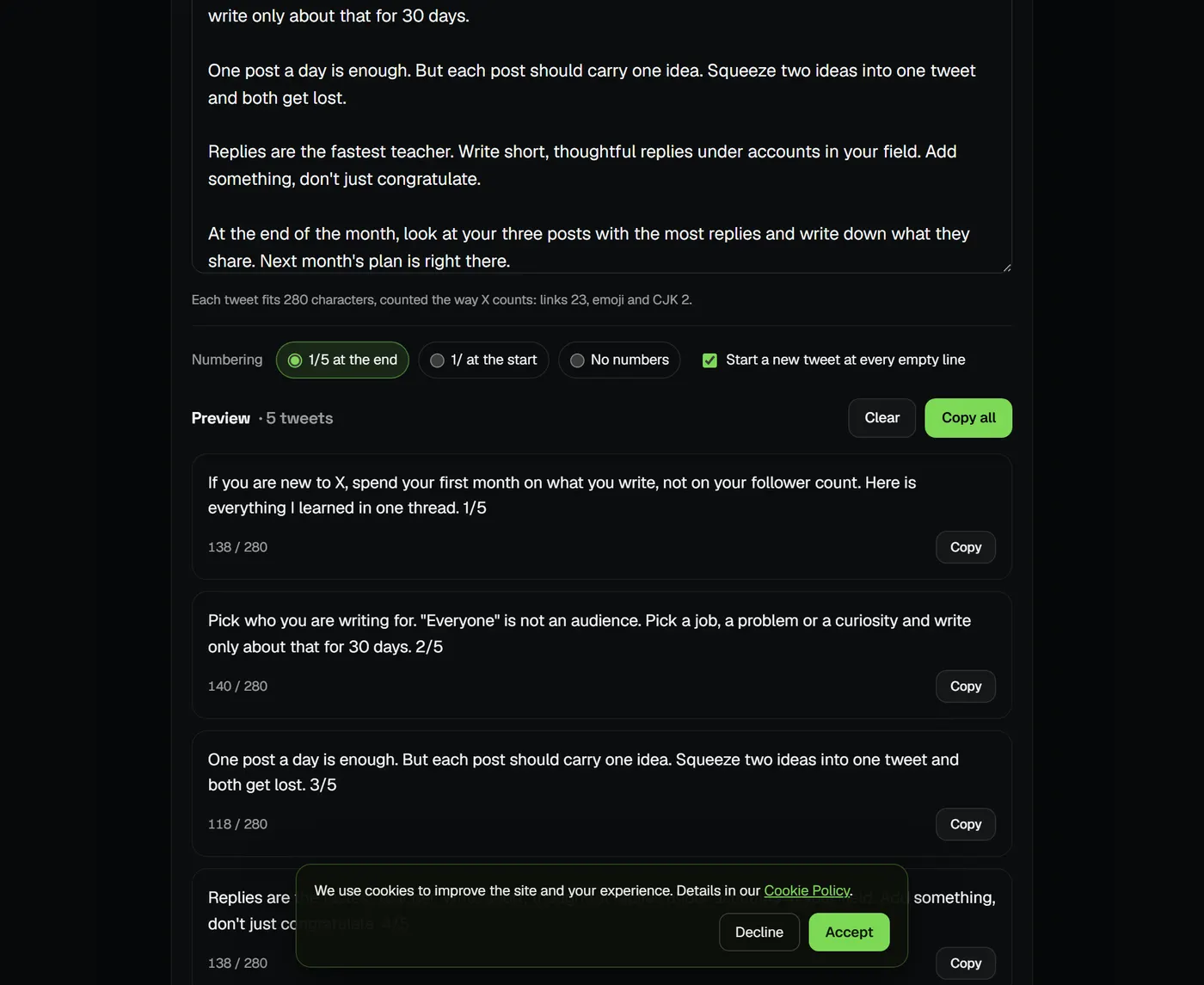 The xVirals thread generator splitting five paragraphs into five numbered posts, each with its character count out of 280.