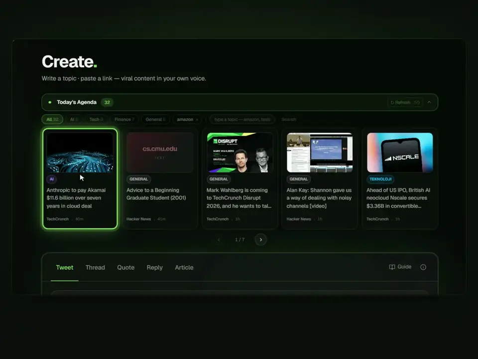 xVirals Generate screen: today's trending topics as cards above the Tweet, Thread, Quote, Reply and Article tabs